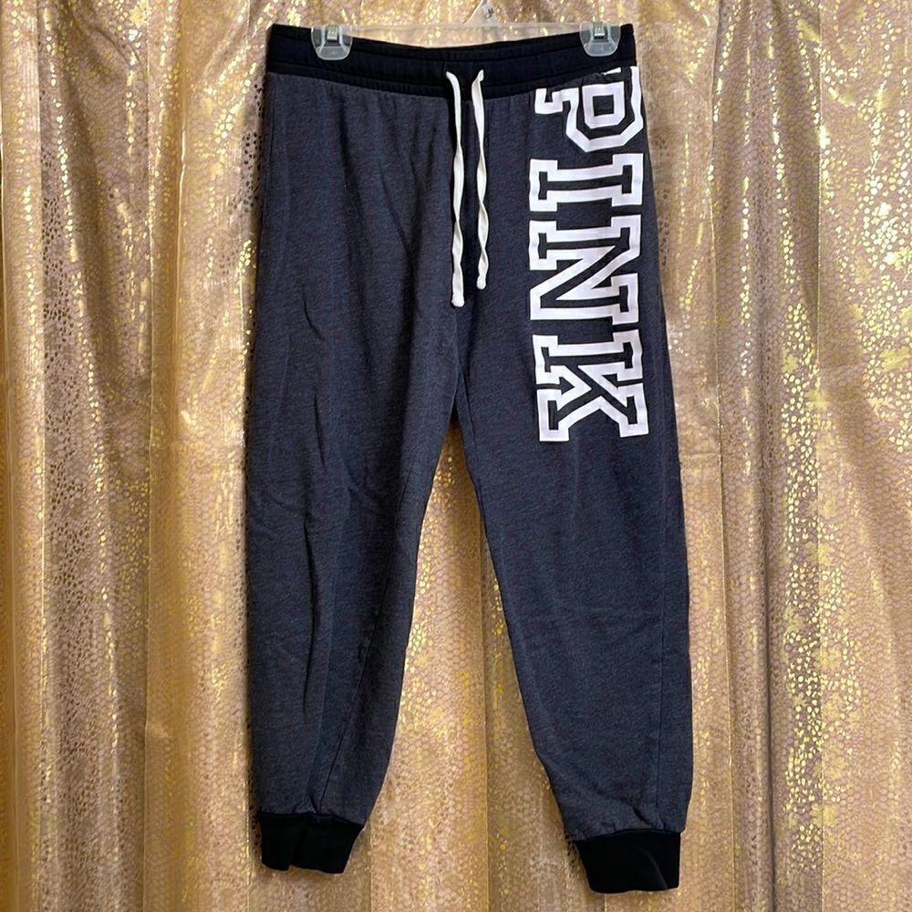 PINK Victorias Secret dark gray/black/white logo comfy sweatpants, size S GUC
